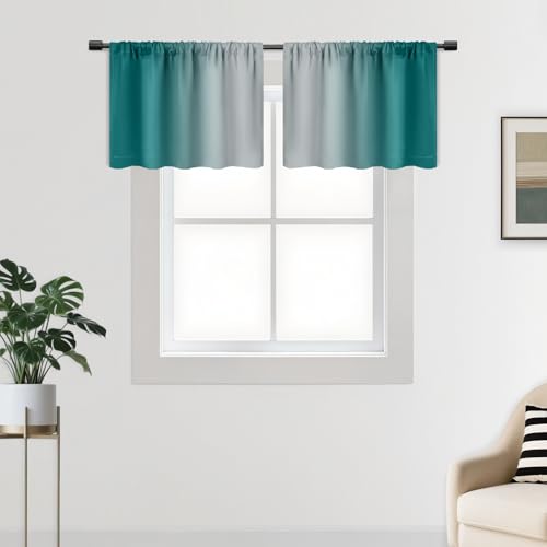 SimpleHome Teal Small Curtains Waterproof Soft Rod Pocket Valance for Kitchen, Rod Pocket Room Darkening Waterproof Valances for Cafe/RV Camper, 2 Panels, 52x18 inches Length - color: Teal, size: 52"W x 18"L (Pack of 2)