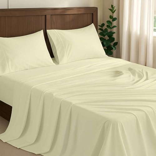 NON Sticky cotton 4 Piece Premium Egyptian Cotton Twin XL Bed Sheet Set, 15" Deep Pocket Fitted, Easy Care, Soft Sheets for Bedroom and Home Mattress, 39" x 80", Ivory Solid - color: Ivory Solid, size: Twin XL