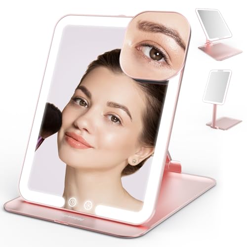 Mocado Travel Makeup Mirror with Light, Tripple Folding Vanity Mirror with Lights, 3 Colors Lighted Makeup Mirror, 1500mAh Rechargeable, Memory Function, Freely Adjust Height and Angle(Rose Gold) - color: Rose Gold, size: 8"L x 6"W