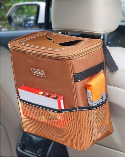 HOTOR 3 Gallons Car Trash Can, Ultra Large Capacity Organizer and Storage with Adjustable Straps & Magnetic Snaps, Waterproof Car Accessory for Interior Car Stuff Storage, Brown - color: Brown, size: 3 Gallons
