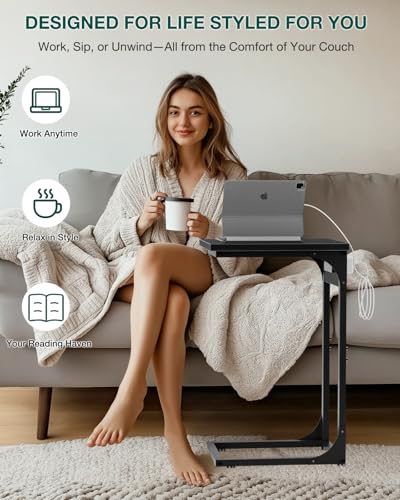 C-Shaped Side Table for Couch - Small Coffee Stand Sofa Tray Desk with Metal Frame Waterproof Scratch Resistant Wood Top and Built-in Charging Station, Black - color: Black, size: 1-Pack, style: Includes Power Outlets