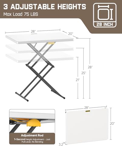 FanttikOutdoor 28 inch Small Folding Table, One-Hand Height Adjustment, 3 Heights, Lowering Lever, Instalift, Portable Side Table for Tv Tray, Dining, Kitchen, No Assembly, Granite White Zeta X1 Apex