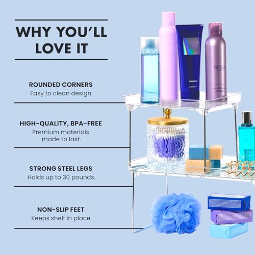 madesmart Stacking Shelf, Small, Vertical Storage with Airflow Holes, Organizer for Spices, Make-Up, Bottles & Jars, Blue