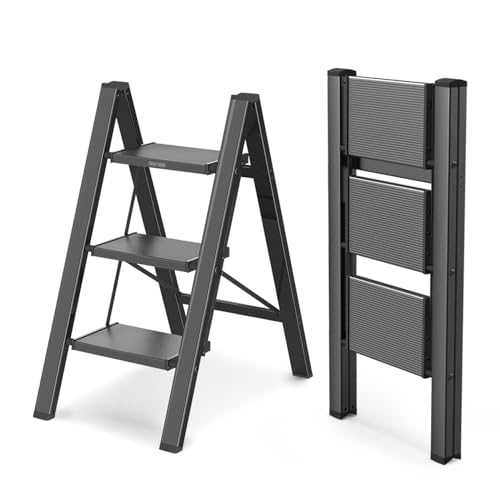 WOA WOA Step Ladder, Portable Lightweight Home Ladder, Folding Step Stool with Widening Pedals, Kitchen Stepladder, Space Save, Easy to Store, 300 lbs Capacity (3 Step, Black) - color: Black, size: 3 Step