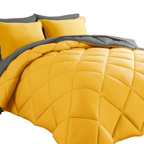 Cosybay Bed in a Bag Queen Reversible Comforter Sets 7pcs All Season Down Alternative Bedding Sets Yellow and Grey with Comforter, Pillow Shams, Flat Sheet, Fitted Sheet and Pillowcase - color: Yellow/Grey, size: Queen