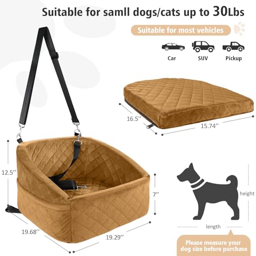 NEEZUKAR Dog Car Seat for Small Medium Dogs,Detachable Washable Dog Booster Seat Under 30lbs,Pet Car Seat Travel Bed with Storage Pockets and Dog Safety Belt（Brown - color: Brown