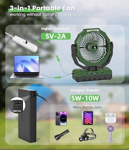 36000mAh Portable Camping Fan - 120HRS Rechargeable Fan with Detachable Battery with LED - 4 Speeds Battery Powered for Tent,Travel, Office, Jobsite, Green - color: Green