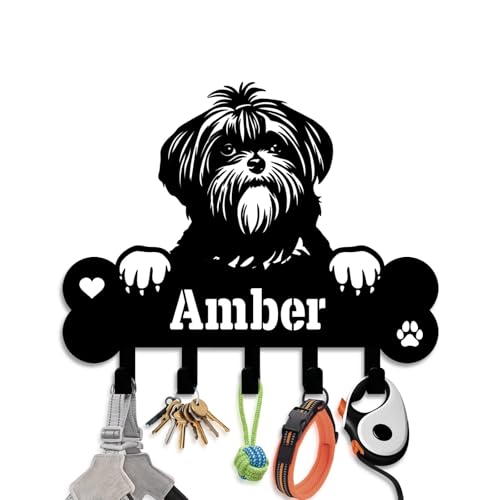 NIWAHO Personalized Dog Leash Holder Wall Mount - Custom Lhasa Apso Metal Silhouette Sign with Bone Key Hooks, Entryway & Pet Room Organizer Decor - color: Lhasa Apso