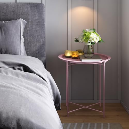 End Table Set of 2,Pink Outdoor Side Table, Small Patio Round Folding Metal Side Tables for Outdoor,Living Room,Bedroom Balcony and Office, 2 PCS - color: Pink