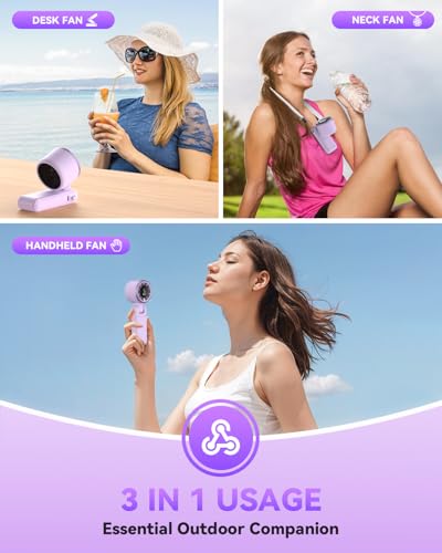 PlayHot Portable Handheld Turbo Fan, 5-Speed Personal Fan, USB-C Rechargeable Fan Up to 12 Hours, 3 IN 1 Hand Fan with Air Turbo Tech Cooling, Travel Fan for Cruise, Beach, Gifts for Women(Purple) - color: Purple