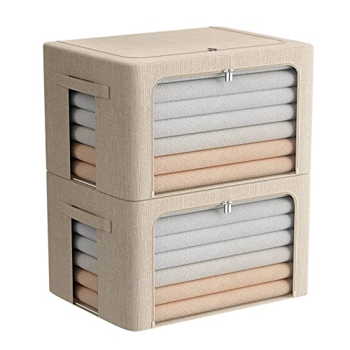 FHSQX 2 Pack Clear Window Storage Bins Foldable Fabric Storage Bins Boxes for Clothes Stackable Box Organizer Set with Carrying Handles (Beige, 22L,15.7x 11.8x 7.8 Inch) - color: Beige, size: 15.7x 11.8x 7.8Inch