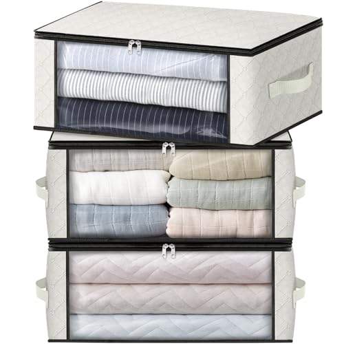 HomeHacks Storage 3-Pack Clothes Organizer Storage Bags Foldable Storage Box with Large Clear Window Sturdy Handles for Closet, Dorm, Pillows, Bedding, Clothes, Blankets, 35L, Ivory - color: Ivory