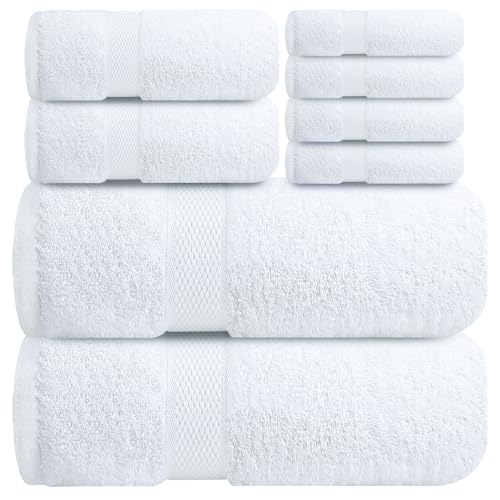 Infinitee Xclusives Luxury 100% Cotton Towel Set – 8 Piece Bathroom Towel Set (2 Bath Towels, 2 Hand Towels, 4 Washcloths) – Soft & Absorbent Towels for Bathroom (Brilliant White) - color: Brilliant White, size: Towel set - 8 Pack