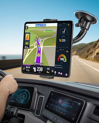 APPS2Car Heavy-Duty Tablet Holder for Truck Car Semi Pickup Tractor UTV RV | Ultra-Strong 4.33" Vacuum Suction Cup, Stable Double-Rib Metal Arm Anti-Shake, Road Trip Essentials, Car Mount for iPad