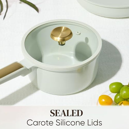 CAROTE Ceramic Cookware Set Nonstick, 14pcs Pots and Pans Set Nonstick, Non-Toxic & PFAS-Free, Dishwasher, RV/Camping Cookware Set, Cooking Pots with Lids, Sage Green - color: Green, size: 14 Piece