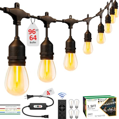 100FT LED Outdoor String Lights with 60+4 Waterproof Bulbs(1.5FT Bulbs Spacing), Remote & Dimmer, Commercial Grade Patio Lights with 3 Mode Light & Timing, 100PC Ties - style: 100FT With 64 Bulbs