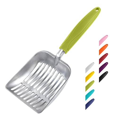 WePet Cat Litter Scoop, Aluminum Alloy Sifter, Kitty Metal Scooper, Deep Shovel, Long Handle, Poop Sifting, Kitten Pooper Lifter, Durable, Heavy Duty, for Litter Box - color: FLAT Aluminum \ #03 Green Handle, size: Small