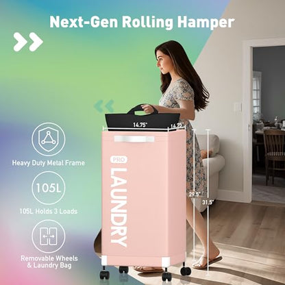 Caroeas Next-Gen 105L Matel Frame Laundry Basket with wheels, Heavy Duty Tall Rolling Laundry Hamper with Removable Wash Bag, Collapsible Freestanding Clothes Hamper For Laundry Room (105L,Pink,1Pack) - color: Pink