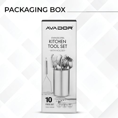 Avador® Premium Set of 10 Stainless Steel (WHITE HOLDER) Kitchen Tool Set with Holder Easy To Clean, Space Saving, Great for Cooking, Baking, Prepping (WHITE) - color: White