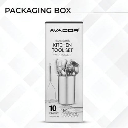 Avador® Premium Set of 10 Stainless Steel (WHITE HOLDER) Kitchen Tool Set with Holder Easy To Clean, Space Saving, Great for Cooking, Baking, Prepping (WHITE) - color: White