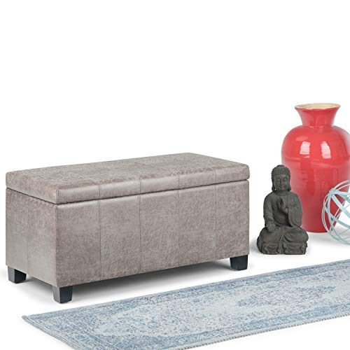 SIMPLIHOME Dover Storage Ottoman Bench - 36 inch Wide Upholstered Vegan Leather Rectangular Lift-Top Ottoman in Distressed Grey Taupe, Contemporary Bench for Living Room with Safety Hinges - color: Distressed Grey Taupe