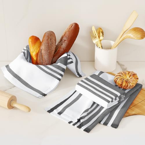 Homaxy Premium Kitchen Towels 18”x 28”, Large Cotton 380 GSM Kitchen Hand Towels, Stripe and Terry Dish Towel, Highly Absorbent Tea Towel Set with Hanging Loop, 3 Pack, Black - color: Black Stripe, style: 3-pack