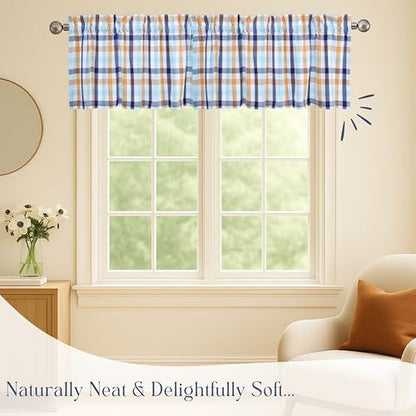 Gingham Valance Curtains, 2 Pack, 54x18 Inches, 100% Cotton Window Valances, Rod Pocket Curtain Panels for Kitchen, Bedroom, Living Room, Indigo Blue - Mustard Yellow - Aqua Blue - color: Multi Blue, Yellow, size: 18"W x 54"L (Pack of 2)