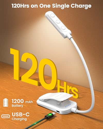 Glocusent 13 LED Rechargeable Book Light for Reading at Night, Eye-Caring 3 Amber Colors & Stepless Dimming, Lasts 1 Week to 2 Months, Travel Clip on Lamp, Gifts for Book Lovers, Men, Women & Kids - color: White