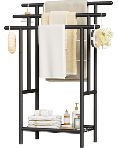 Free Standing Towel Racks for Bathroom, 3-Layer Towel Drying Rack with Storage Rack, Black Metal Towel Rack Stand, 12" W x 25.8" L x 39.4" H, UXJMJ002B
