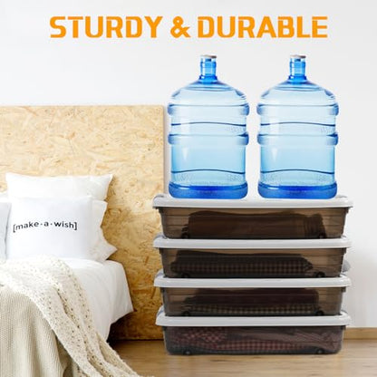 Beeveer 4 Pcs Plastic Under Bed Storage Containers with Lid Wheel Handle, Transparent Large Capacity Stackable Latching Storage Bins for Closet Bedroom Clothes Shoes (Brown,23.7 x 15.8 x 5.2) - color: Brown