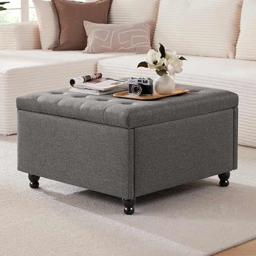 Weture 30 Inch Large Square Storage Ottoman Coffee Table, Oversized Square Ottoman with Storage, Tufted Upholstered Coffee Tables for Living Room (Fabric, Dark Grey) - color: Grey