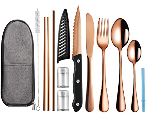 Logcow Travel Utensils Set with Case, 10-Piece Reusable Stainless Steel Camping Cutlery, Portable Fork Spoon Knife Chopsticks & Straw for Work, Lunch, Picnic (Rose Gold) - color: Rose Gold