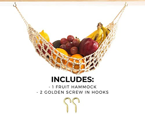 Hanging Fruit Hammock Under Cabinet - 1 Macrame Fruit Hammock with 2PCS Hooks - Handwoven Cotton Basket Storage for Produce, Banana - Boho Kitchen Decor for More Counter Space at Home Boat Camper RV