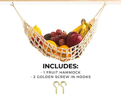 Hanging Fruit Hammock Under Cabinet - 1 Macrame Fruit Hammock with 2PCS Hooks - Handwoven Cotton Basket Storage for Produce, Banana - Boho Kitchen Decor for More Counter Space at Home Boat Camper RV