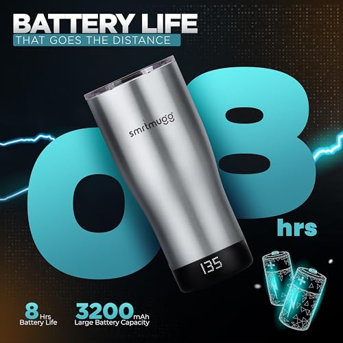 SmrtMugg X Heated Coffee Mug 19 oz., 8 Hour Battery Life, Self-Heating, Adjustable Temp Controlled, LCD Screen, Includes Cover with Magnetic Slider (Black) (Stainless Steel) - color: Stainless Steel