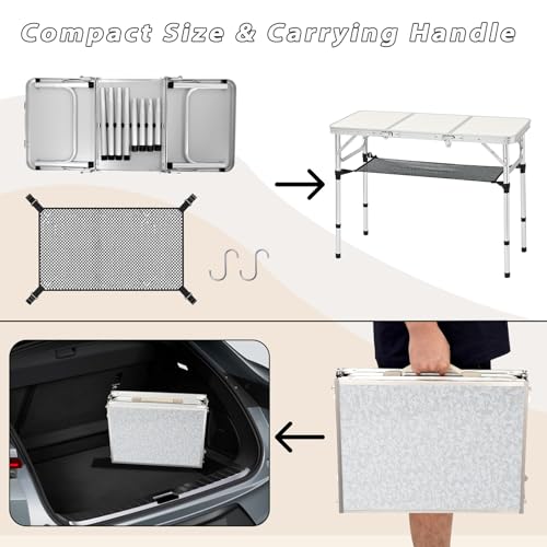 YihuiKo 3ft Aluminum Folding Picnic Table - Lightweight & Portable Outdoor Table with Adjustable Height, Storage Net for Camping, Backyard, RV Trips - size: 35" x 16" x 27.5"