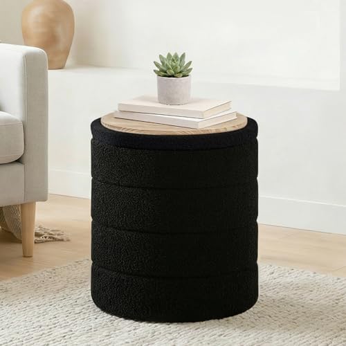 14.5" Round Storage Ottoman,Boucle Sherpa Ottoman with Tray, Faux Teddy Foot Rest Coffee Table for Bedroom Dorm Living Room,Black - color: Black, size: 14.5"D x 14.5"W x 17.7"H