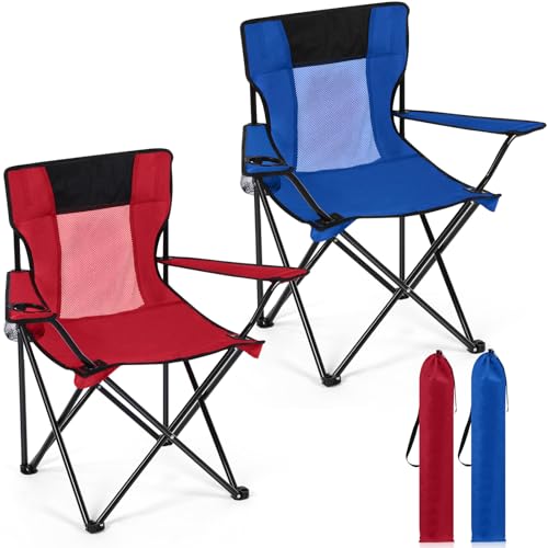 Shellwei 2 PCS Folding Camping Chair with Cupholder and Carry Bag Regular Size Colorful Breathable Portable Lightweight Lawn Chair with Side Pocket for Fishing Hiking Beach Outdoor Activity - color: Red, Blue
