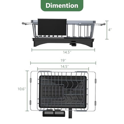 LEMIKKLE Sink Dish Drying Rack - Expandable Small Dish Rack Over Sinks with Drying Tray, Dish Drainer for Kitchen Counter with Cutlery Holder, Drying Rack Fit for 14’’-19’’ Kitchen Sink - color: Gray + Expandable Rack