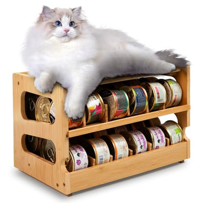 Coanto Cat Food Can Organizer for Pantry, Bamboo 2-Tier FIFO Rotating Can Dispenser, Holds 36 (3oz) Wet Cat Food Cans, Stackable Storage Shelf for Kitchen Cabinet