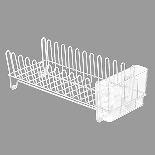 mDesign Kitchen Sink Dish Drainer – Small Metal and Plastic Dish Rack for Kitchen Sink – Dish Drying Rack with Drip Tray for Plates and Cutlery Basket – White/Clear - color: White/Clear