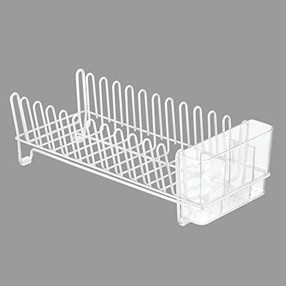mDesign Kitchen Sink Dish Drainer – Small Metal and Plastic Dish Rack for Kitchen Sink – Dish Drying Rack with Drip Tray for Plates and Cutlery Basket – White/Clear - color: White/Clear