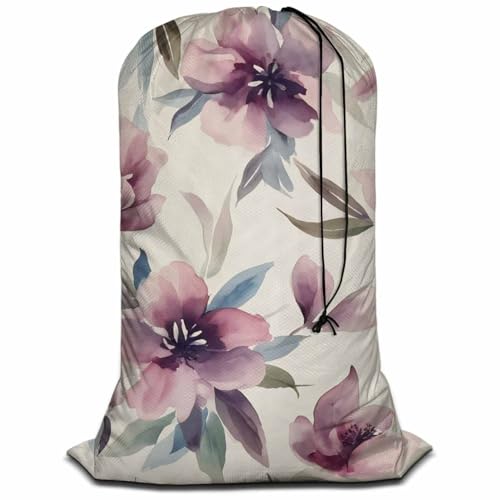 Swono Watercolor Floral Extra Large Laundry Bag with Drawstring Closure 28"x40", Leaf Plant Botanical Petal Bud Ink Flowers for Home, Dorm and Apartment Dwellers, Oxford Cloth, Pink - color: Watercolor Floral