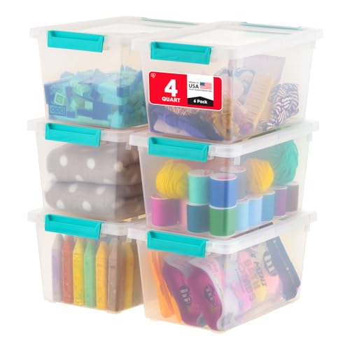 IRIS USA 4 Qt. Craft Storage Bins with Lids, 6-Pack, |Made in USA|, Clip Box, Small Plastic Sensory Bin Tote Organizer Containers for Art Supplies, Paper, & Office, Stackable - Clear/Seafoam Blue - color: Clear/Seafoam Blue, size: 4 Qt. - 6 Pack