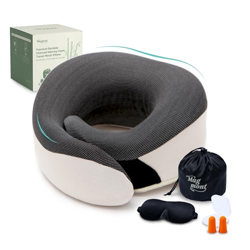 Travel Neck Pillow for Airplanes, 360° Chin Support Memory Foam Travel Pillow for Long Flights, Bamboo Charcoal Memory Foam, Removable Washable Cover, Sleep Mask & Earplugs Included - color: Beige