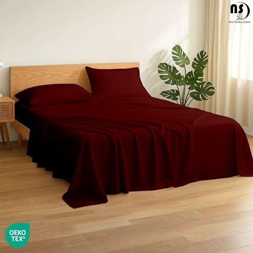 NON Sticky cotton 4 Piece Premium Egyptian Cotton King Bed Sheet Set, 15" Deep Pocket Fitted, Easy Care, Soft Sheets for Bedroom and Home Mattress, 78" x 80", Burgundy Solid - color: Burgundy Solid, size: King