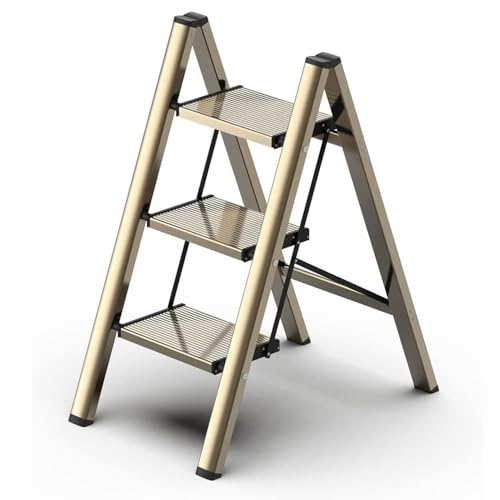 3 Step Ladder, Folding Step Stool with Wider Pedal, Anti-Slip Feet & Non Slip Stripes, Aluminum Sturdy Material, 300Lbs Capacity, Elegant Look of Champagne Gold Better Matches Your Home - color: Champagne Gold, size: 3 Step