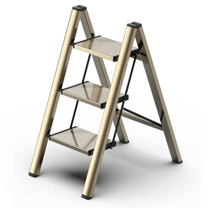 3 Step Ladder, Folding Step Stool with Wider Pedal, Anti-Slip Feet & Non Slip Stripes, Aluminum Sturdy Material, 300Lbs Capacity, Elegant Look of Champagne Gold Better Matches Your Home - color: Champagne Gold, size: 3 Step