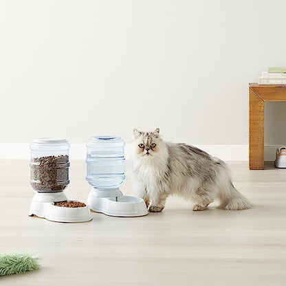 Amazon Basics Automatic Pet Water Dispenser and Gravity Food Feeder Set for Cat and Dog, Easy to Clean, 152fl.oz food feeder, 135.3fl.oz water dispenser, Small, Pack of 2 - size: Small, style: Waterer + Feeder