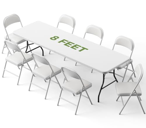 Folding Dining Table Set for 8, 8FT Foldable Plastic Table with Carrying Handle & 8 PU Leather Padded Folding Chairs, Portable Table and Chairs Set for Indoor Outdoor, Party, Wedding, Picnic, Camping - color: Off White, size: 8FT